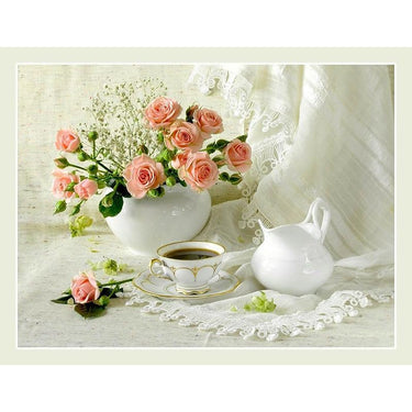 Pink Flowers And Coffee Diamond Painting Kit - DIY